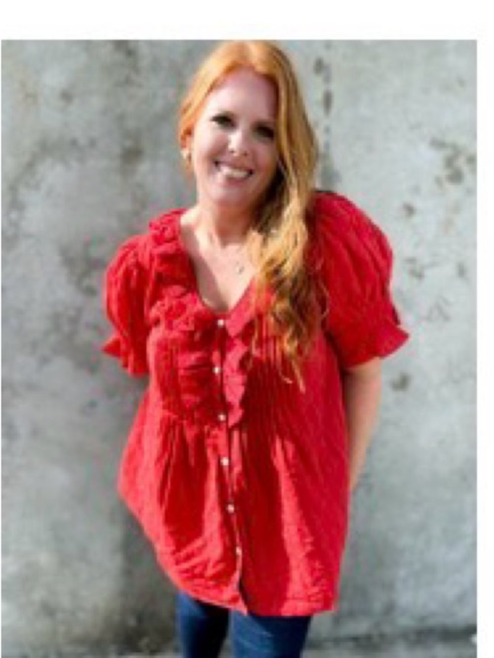 Red Ruffle-Front Women's Button-Up Top